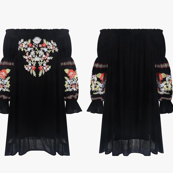 R.Vivimos Womens Floral Embroidered Off Shoulder Long Sleeve Short Dresses - Picture 6 of 8